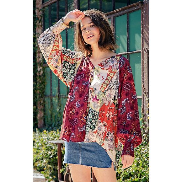 New GIGIO S M L Byzantine Garden Mixed Print V Neck Flowy Hi-Low Hem Top - Picture 7 of 7